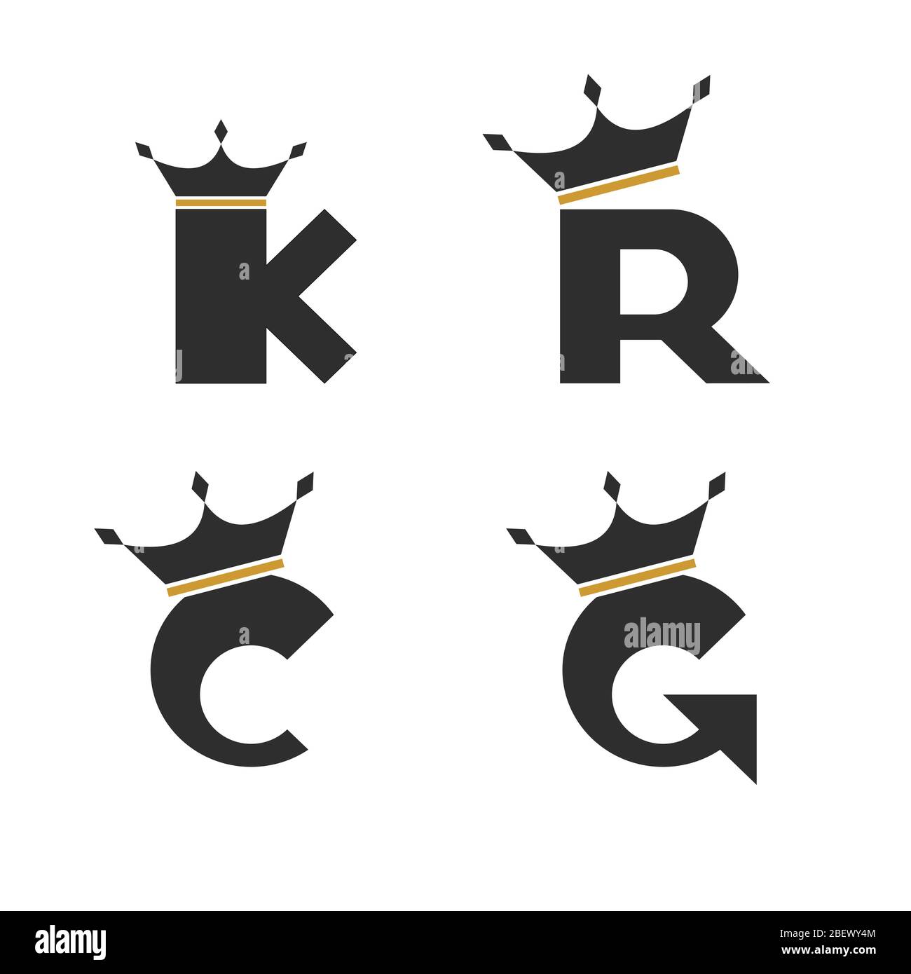 Set of letter with crown logo design, initial letter K, R, C, and G graphic icon and symbol, isolated on white background. Stock Vector