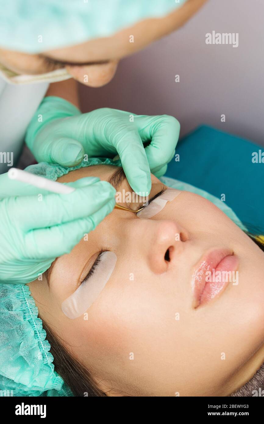 Eyelash care treatment procedures. Staining, curling, laminating for