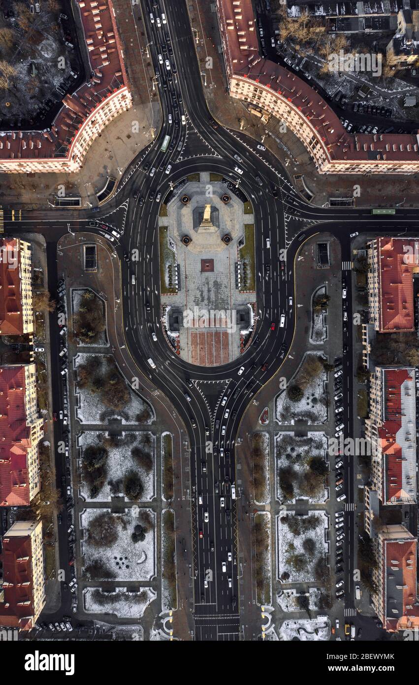 Aerial photo of Victory Square in Minsk. Historical monument for victory in second world war. Center of Minsk aerial view Stock Photo