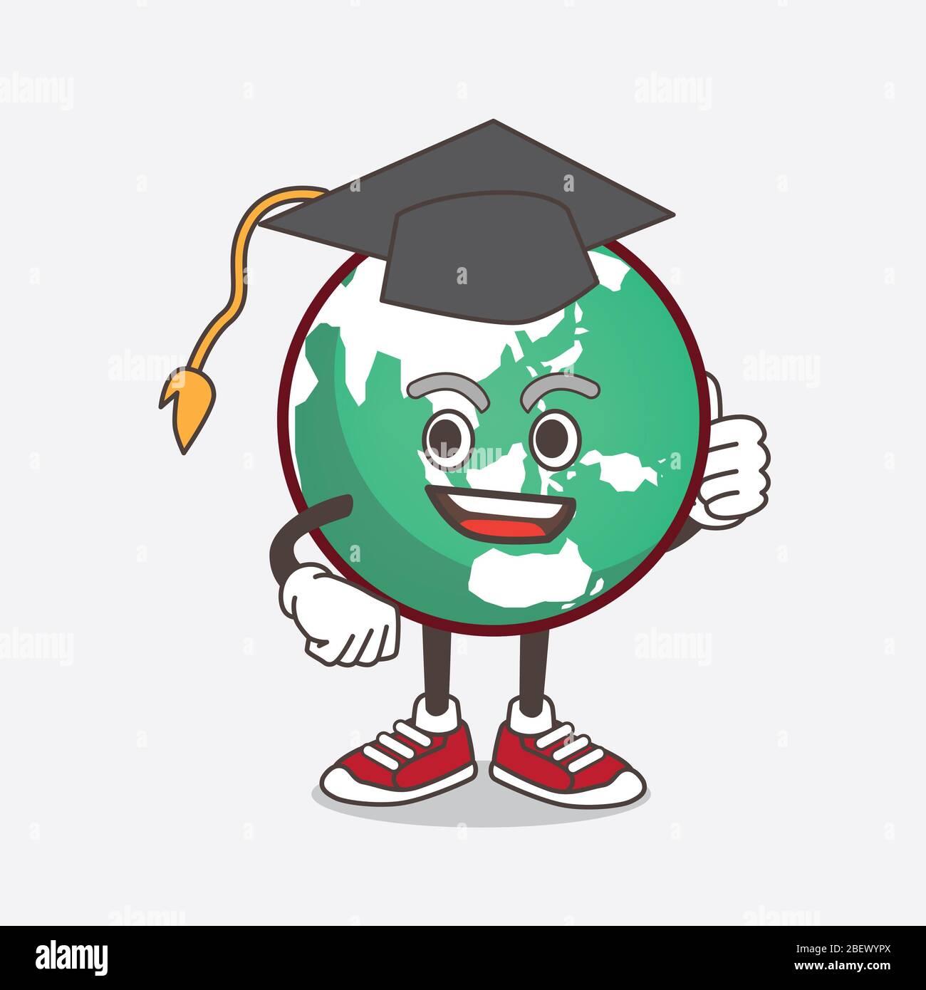 An illustration of planet Earth cartoon mascot character in a black Graduation hat Stock Photo