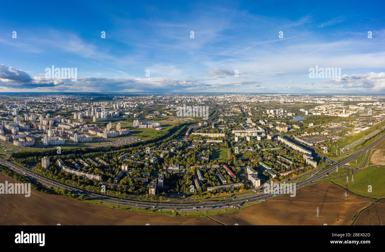 Aerial view on Minsk Belarus. Aerial panorama of Minsk city in europe Stock Photo