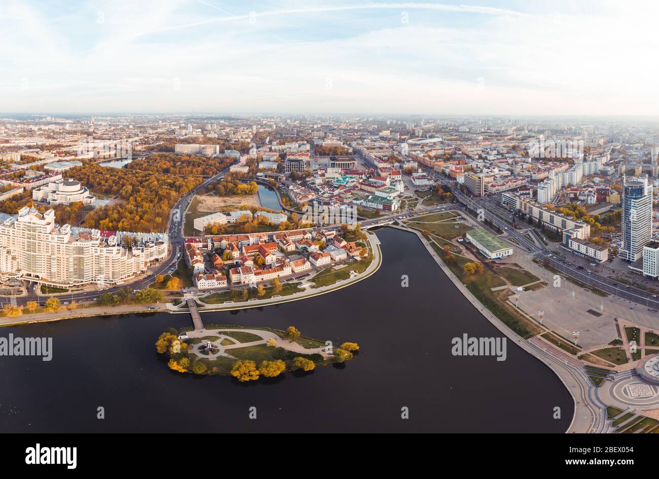 Aerial panorama of historical center of Minsk. Nyamiha Nemiga district autumn cityscape in Minsk, Belarus Stock Photo