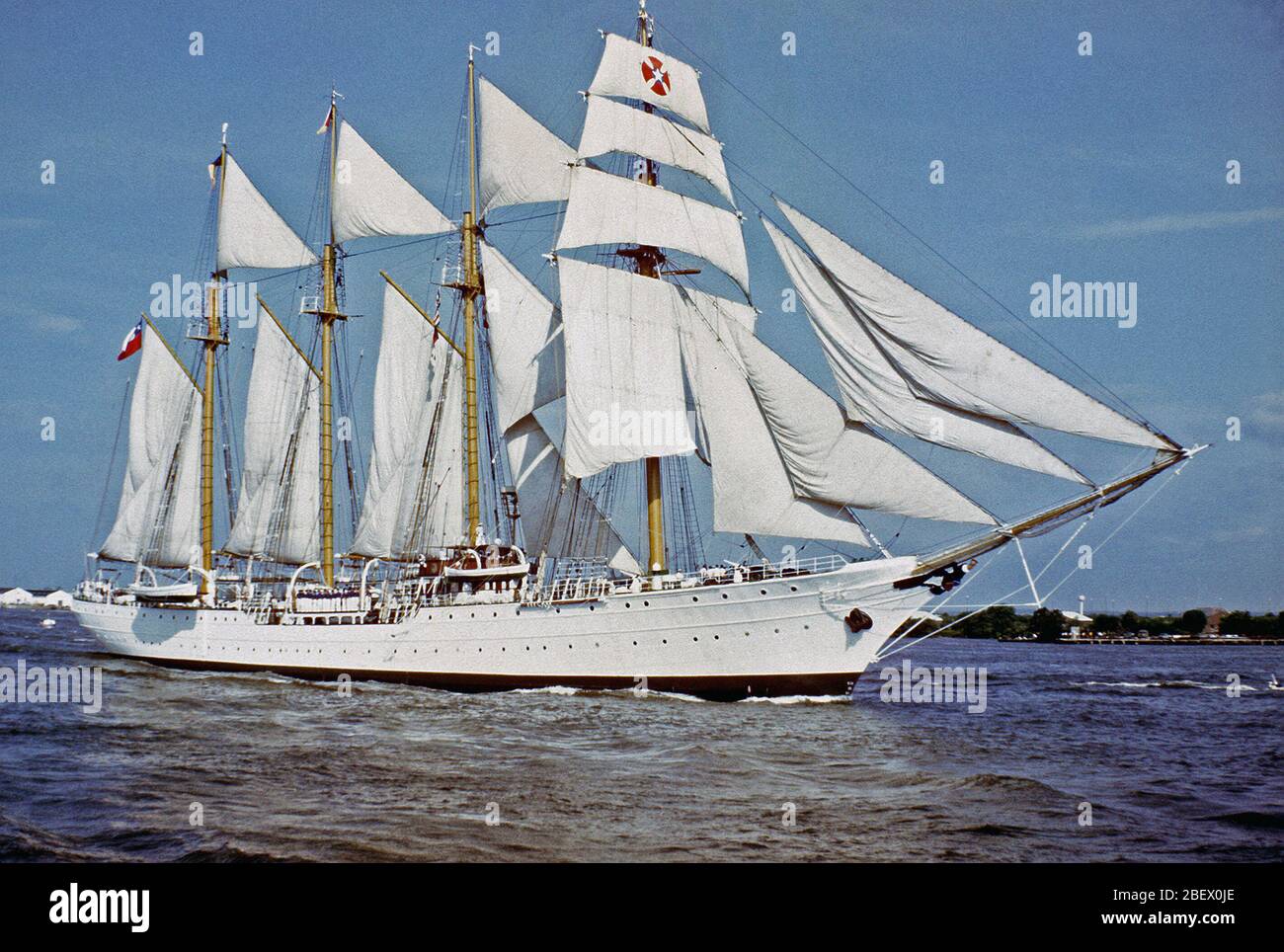 1982 A starboard view of the Chilean training ship ESMERALDA under
