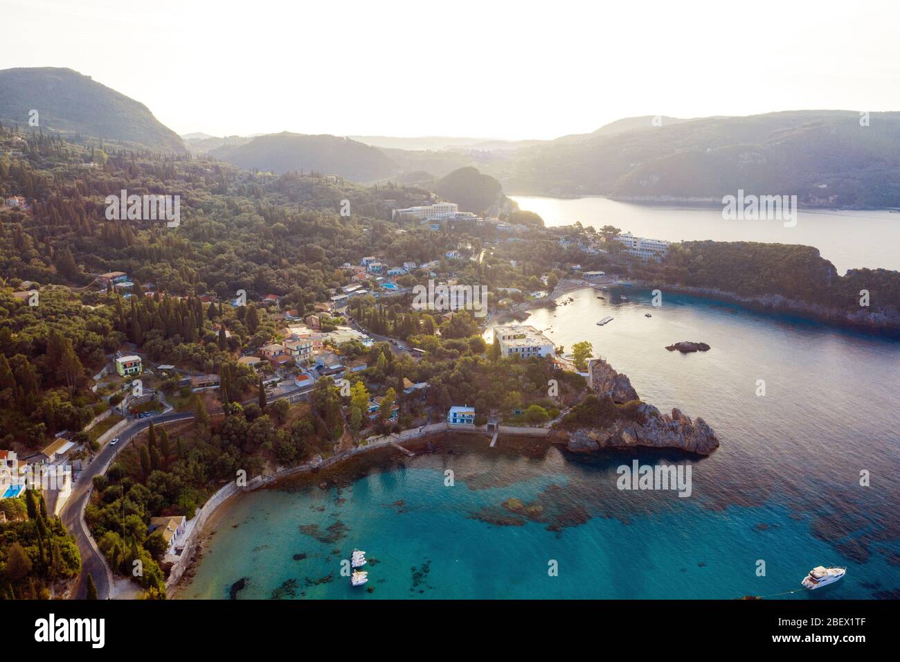 Sunrise aerial landscape of Greece island. Beauful Corfu nature shot in the morning. Paleokastritsa travel destination Stock Photo