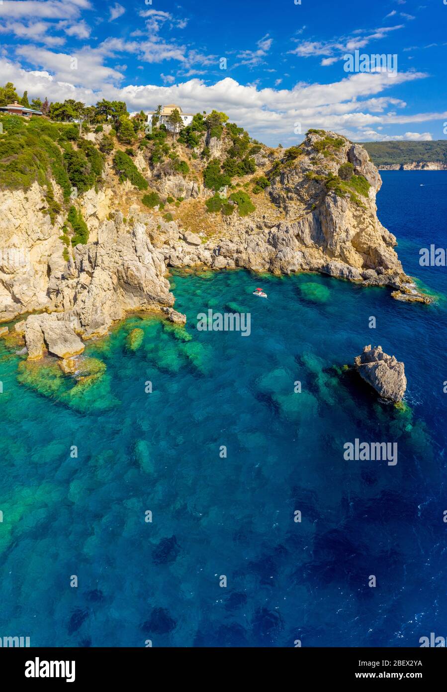 Sunny aerial Greece landscape. Mediterranean sea from a drone.  Paleokastritsa monastery on Corfu. Vivid torquoise water and blue sky Stock  Photo - Alamy