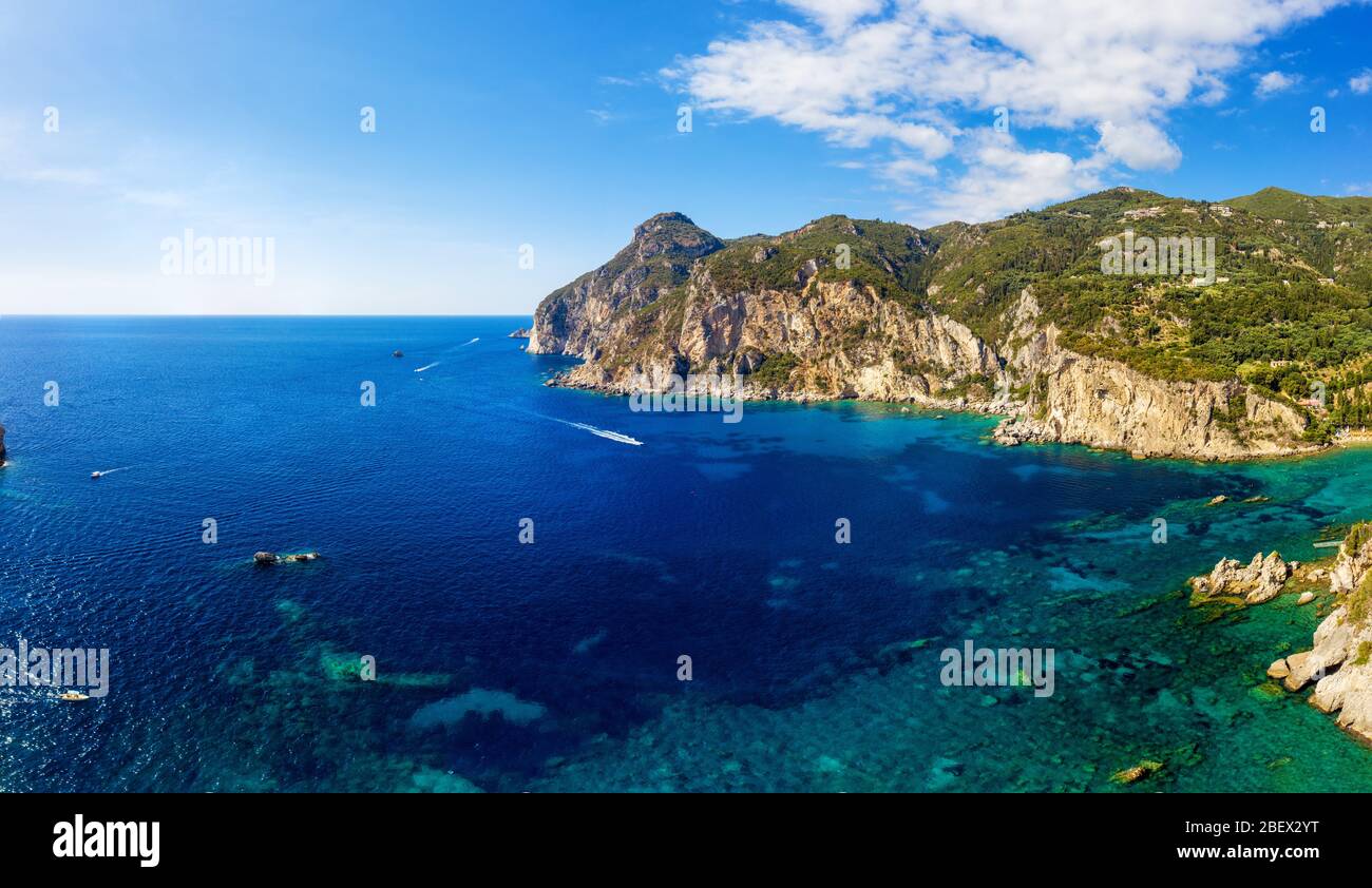 Beautiful mediterranean sea ocean aerial landscape. Greece coast in Paleokastritsa. Beautiful cleefs of Corfu island. Stock Photo