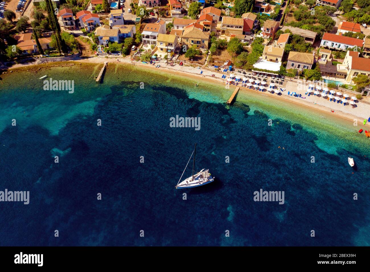 Aerial of Kalami beach in Greece. Mediterranean sea lagoon on Corfu island. Greek resort for vacation Stock Photo