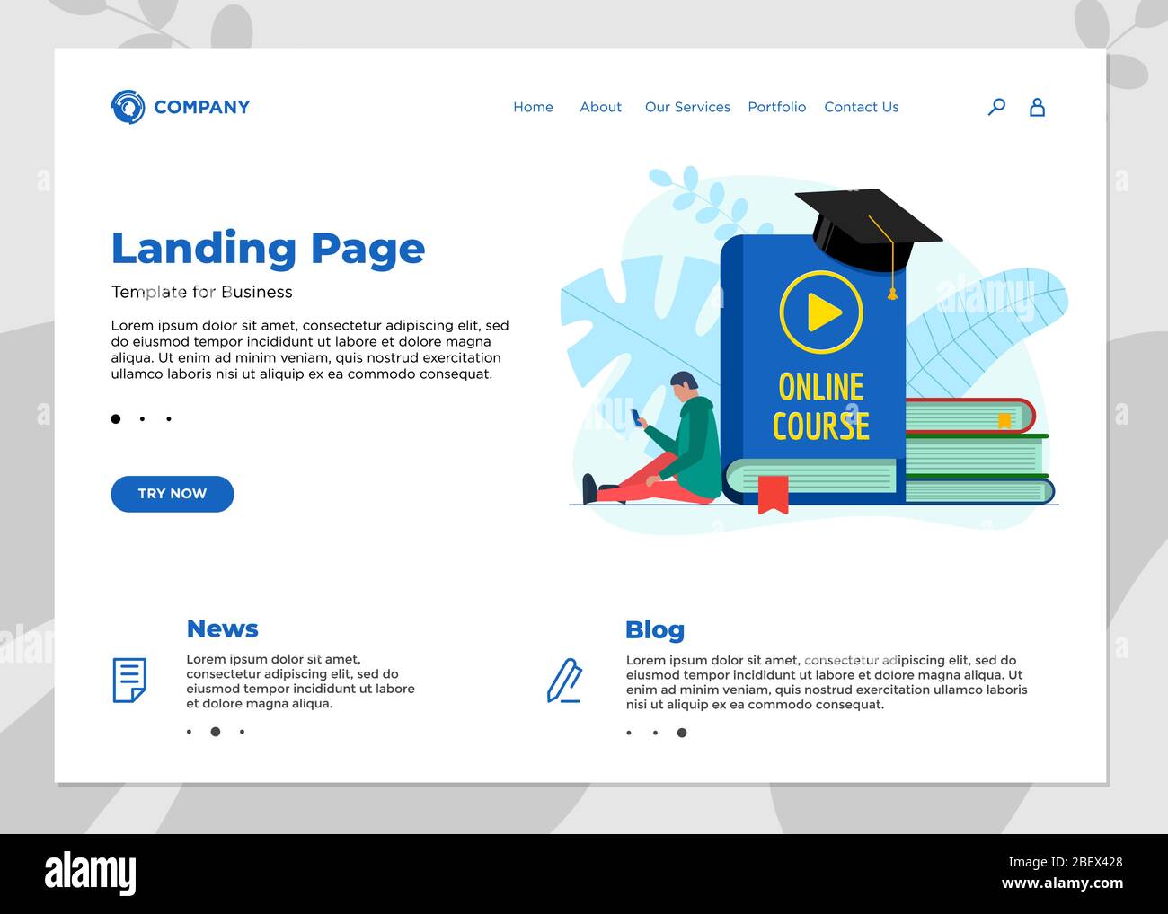 Online education course landing page template. E-learning web design mock up with student male and play video sign on cover book. Remote learning and internet studying knowledge webinar vector concept Stock Vector