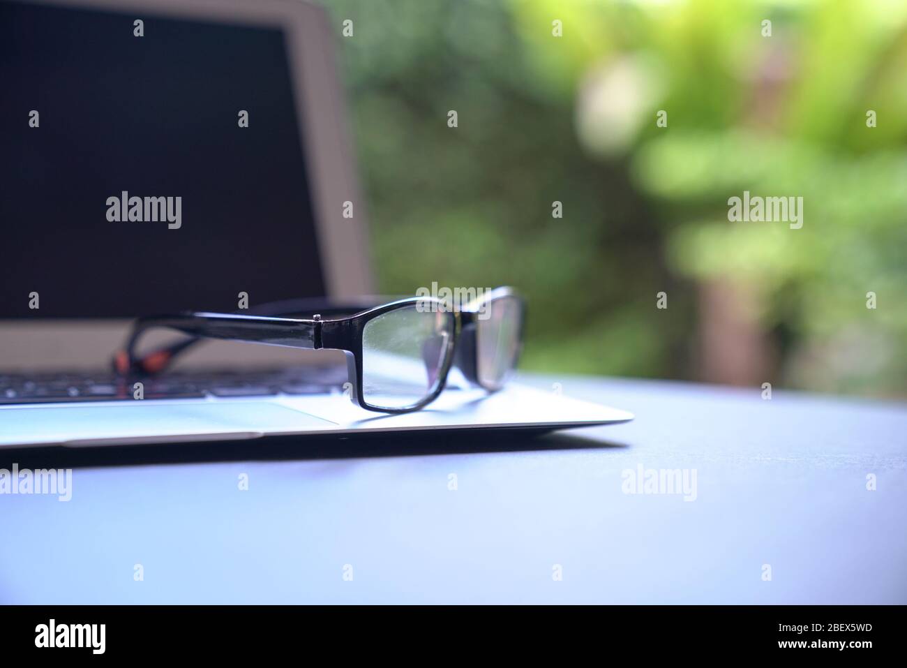 Reading glasses on top of computer laptop. Green nature background. Copy space. Stock Photo
