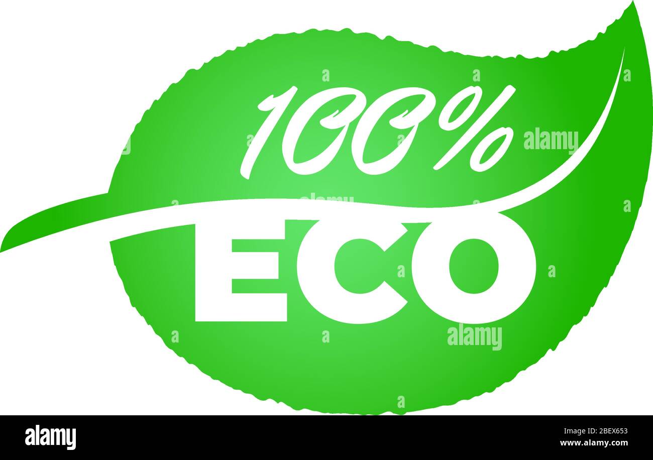 100 percent certified quality eco healthy natural product on green leaf sign. Green bio fresh warranty label badge concept. Vector ecology plant symbol isolated eps illustration Stock Vector