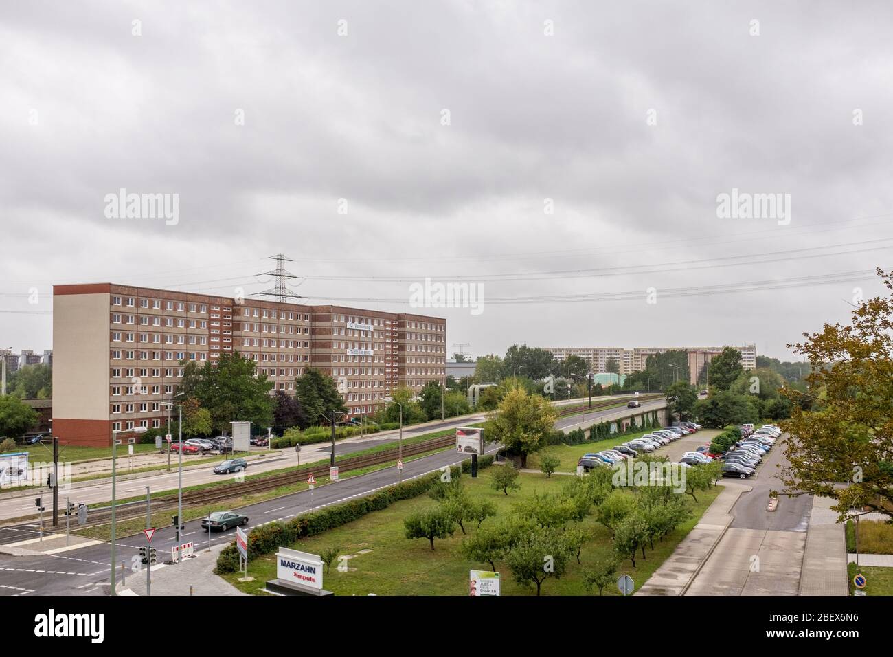 Allee der Kosmonauten, on an overcast day, in Marzahn, Berlin, Germany Stock Photo