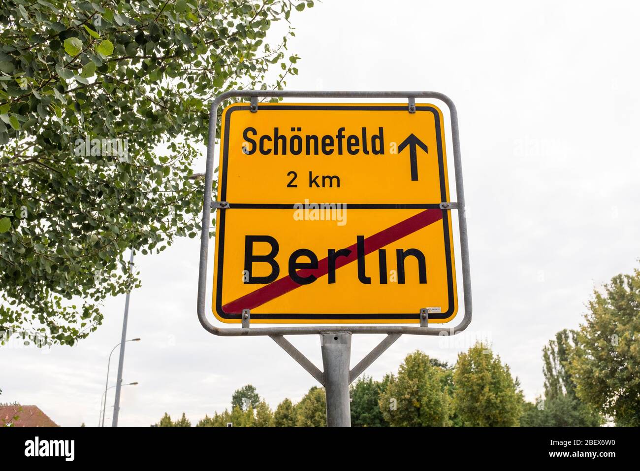 Sign indicating the edge of the city of Berlin with municipality of Schönefeld being close by Stock Photo