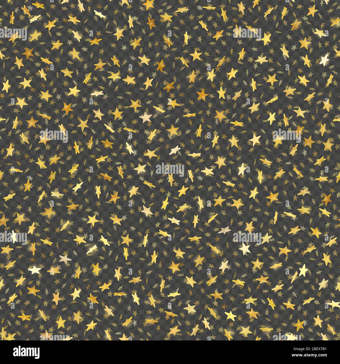 Seamless gold star confetti rain festive pattern effect. Golden volume stars falling down isolated on white background. EPS 10 Stock Vector