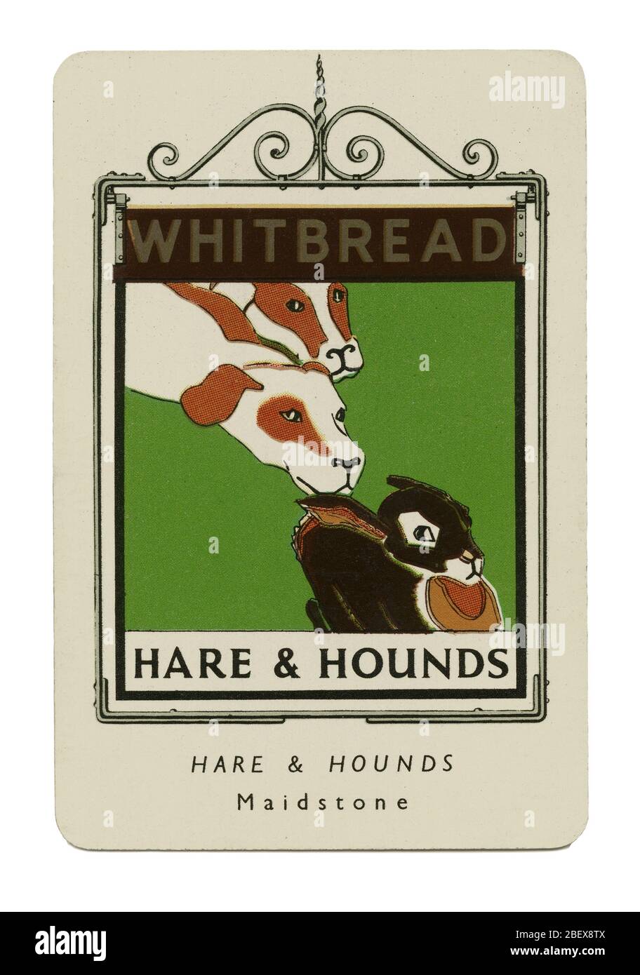 A 1949 miniature metal souvenir pub sign for Whitbread's Brewery. This sign (number 24 in Series 1) featured The Hare and Hounds, Boxley Road, Maidstone, Kent and was designed by Harvey James. The illustration shows hounds chasing a hare. Hare chasing or coursing involves greyhounds and other types of hound pursuing their prey by sight rather than scent. In some countries it is still legal. Stock Photo