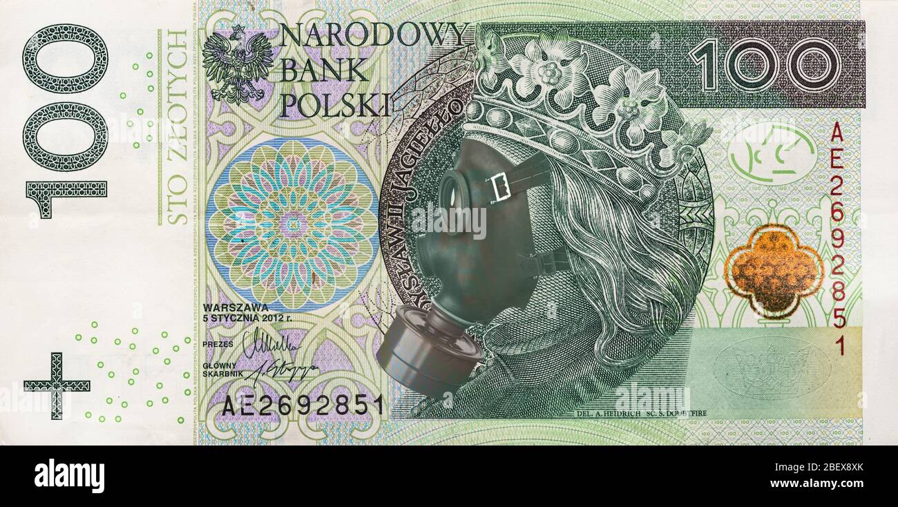Coronavirus in Poland. Global recession. 100 Polish zloty banknote with a face mask . Polsh economy hit by corona virus covid19 outbreak. Stock Photo