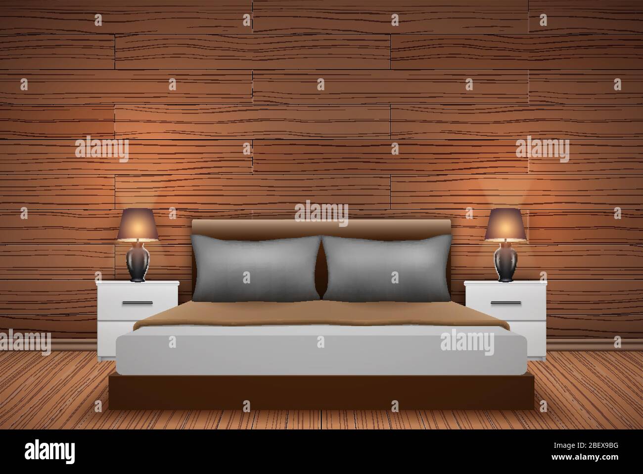 Bedroom interior with wood paneling Stock Vector