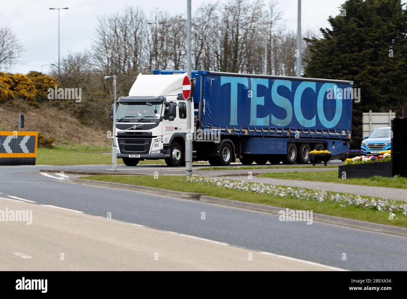 tesco supermarket distribution truck during coronavirus lockdown in Newtownabbey Northern Ireland UK Stock Photo