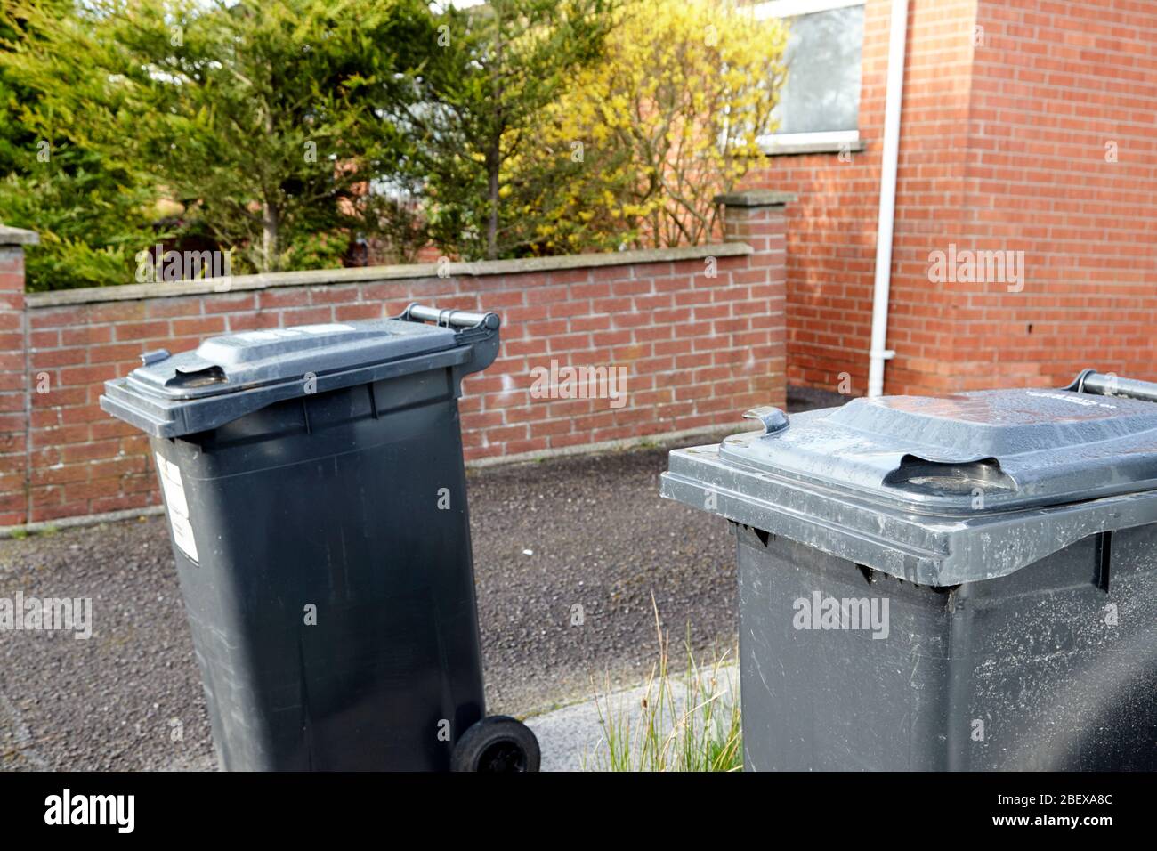 bins left outside semi detached homes in the morning Newtownabbey Northern Ireland UK 2m apart for social distancing Stock Photo