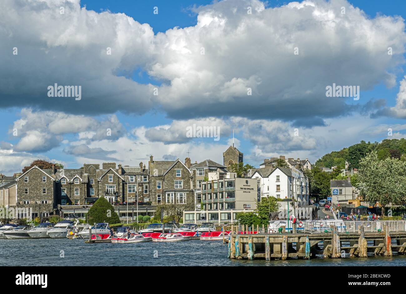 Bowness on Windermere on the Windermere shoreline. This is the HQ for the Windermere Lake Cruises and the Old England Hotel. Popular with tourists. Stock Photo