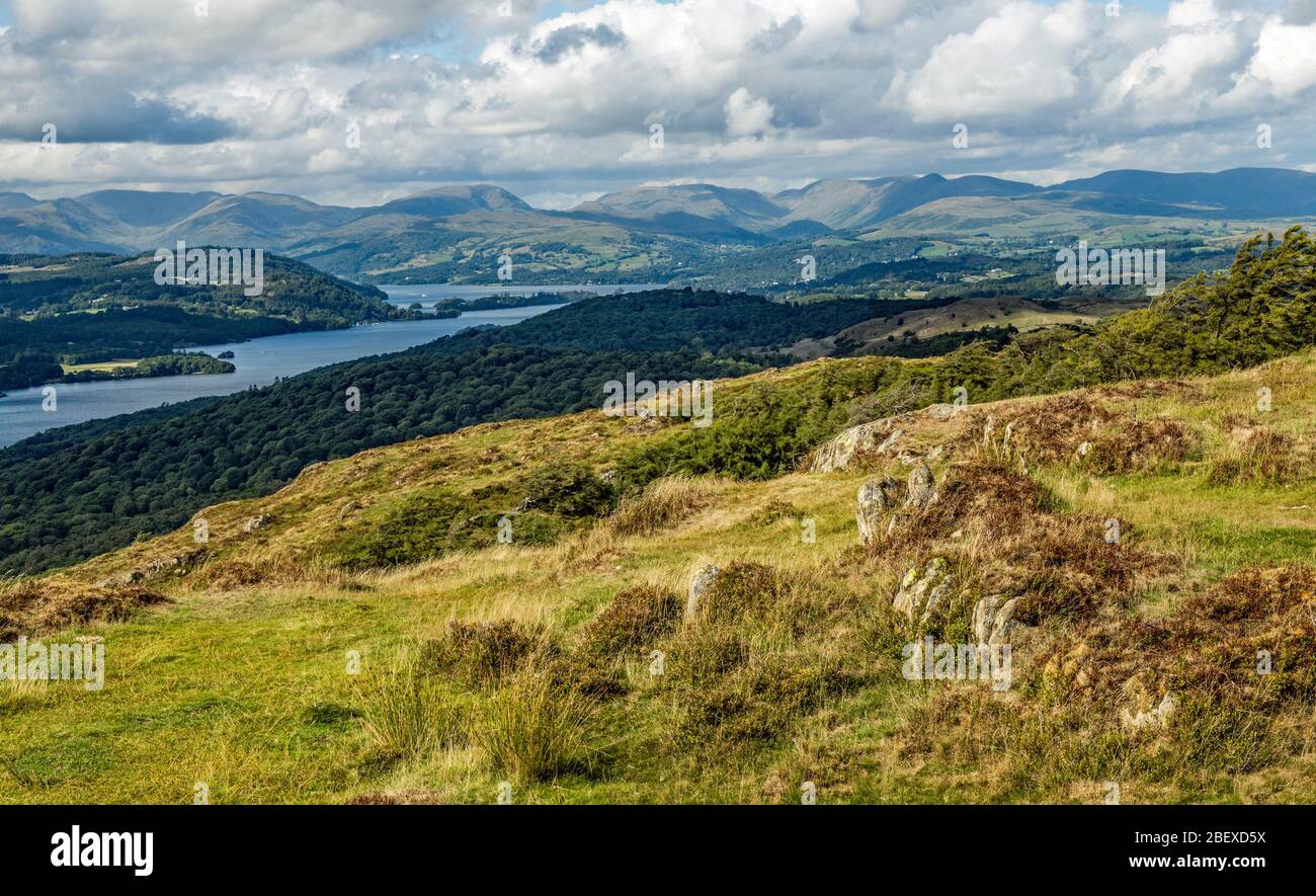The view over Windermere towards Dunmail Raise from the summit of Gummers How in the Lake District. This was taken in August last summer. Stock Photo