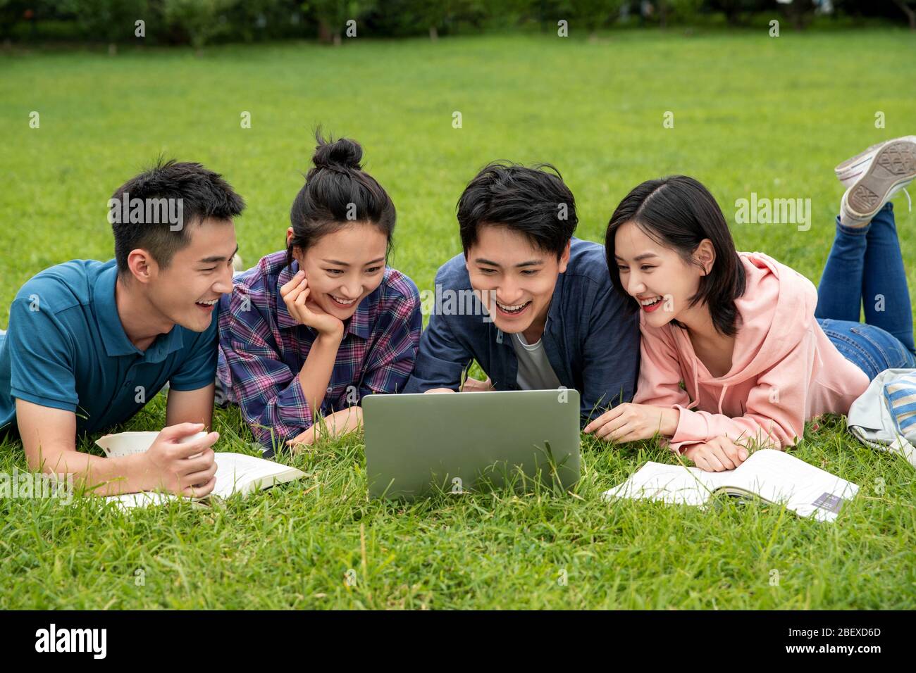 Happy learning of college students on grass Stock Photo