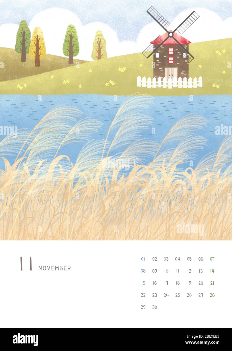 Monthly calendar template with seasonal landscape illustration. 011 ...