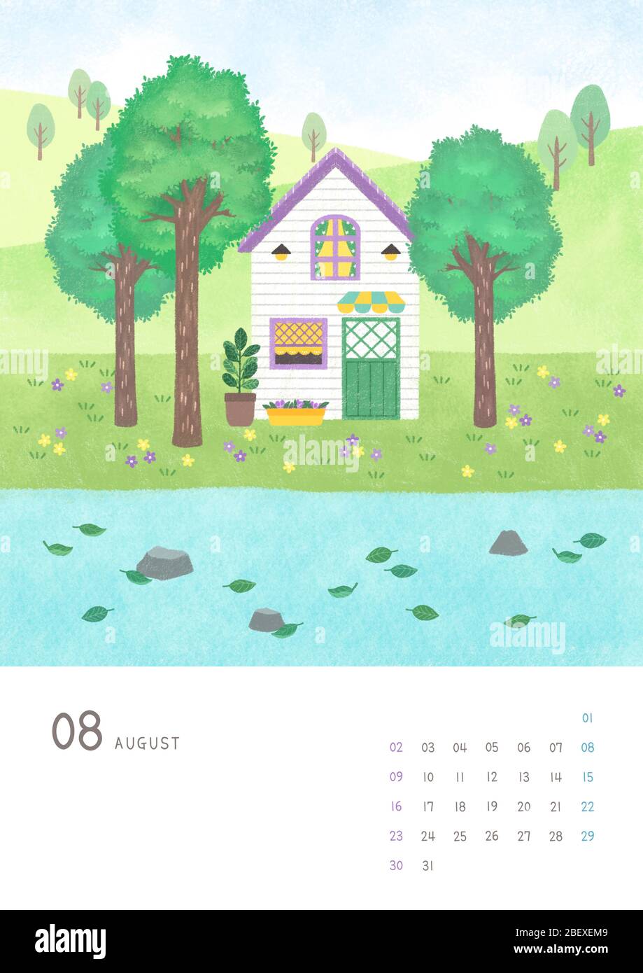Monthly calendar template with seasonal landscape illustration. 008 ...