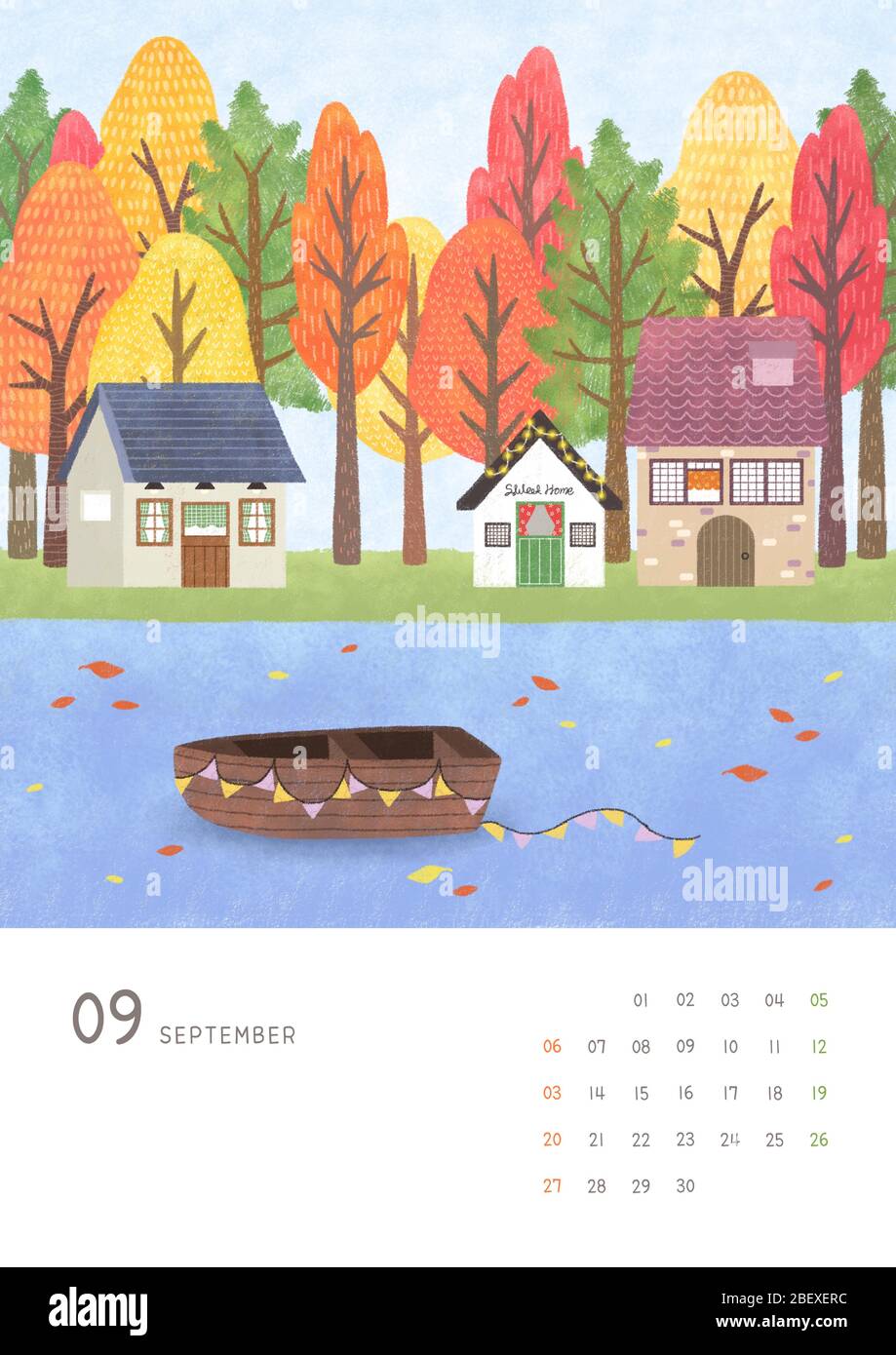 Monthly calendar template with seasonal landscape illustration. 009 ...