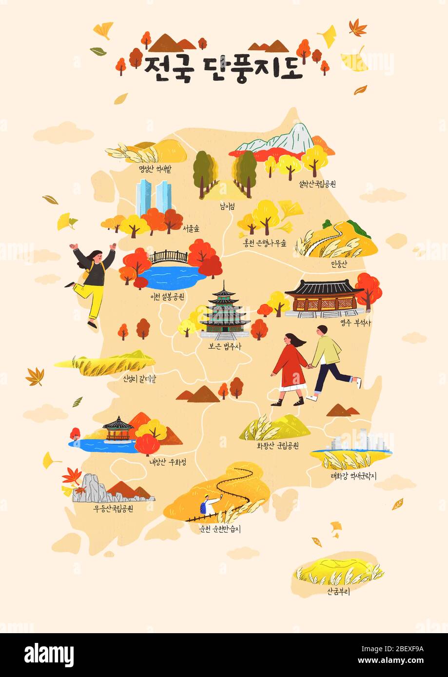 Tourist Map of South Korea concept, famous for various tourist attractions illustration 003 Stock Vector