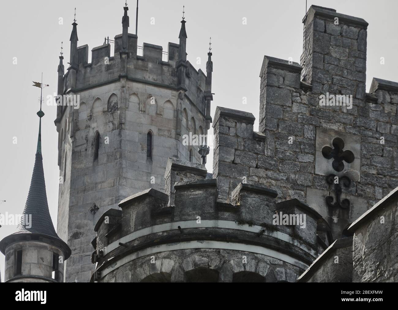 Nordstemmen, Germany, April 15, 2020: Close-up of the central fortified tower of Marienburg Castle Stock Photo