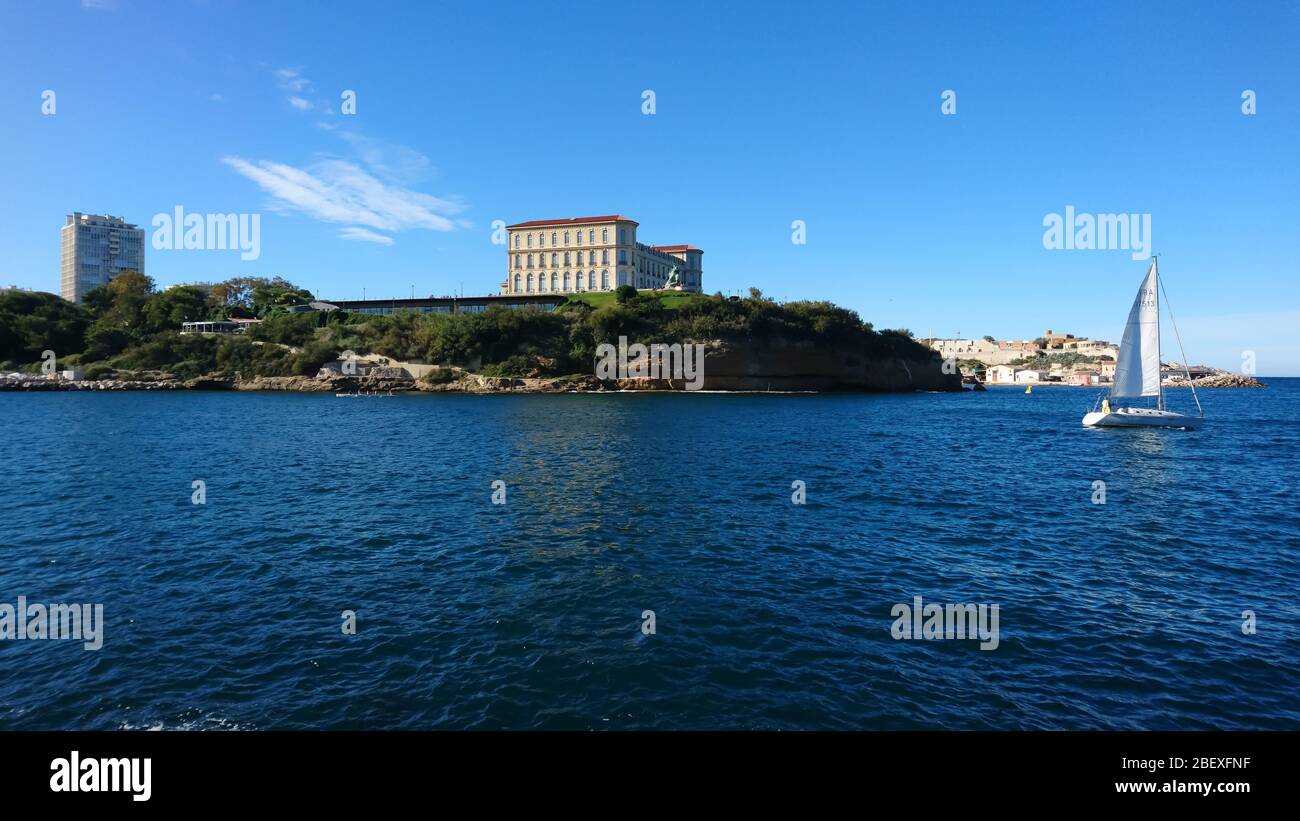 Marseille/France - 10.02.2019: View of the Pharo Palace from MuCEM – Musée des civilisations de l'Europe et de la Méditerranée. Mediterranean sea. Pal Stock Photo