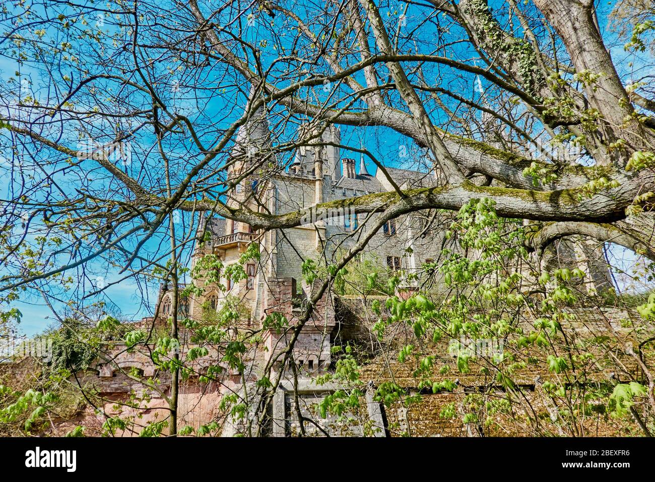Nordstemmen, Germany, April 15, 2020: Marienburg Castle behind branches with fresh young green leaves Stock Photo