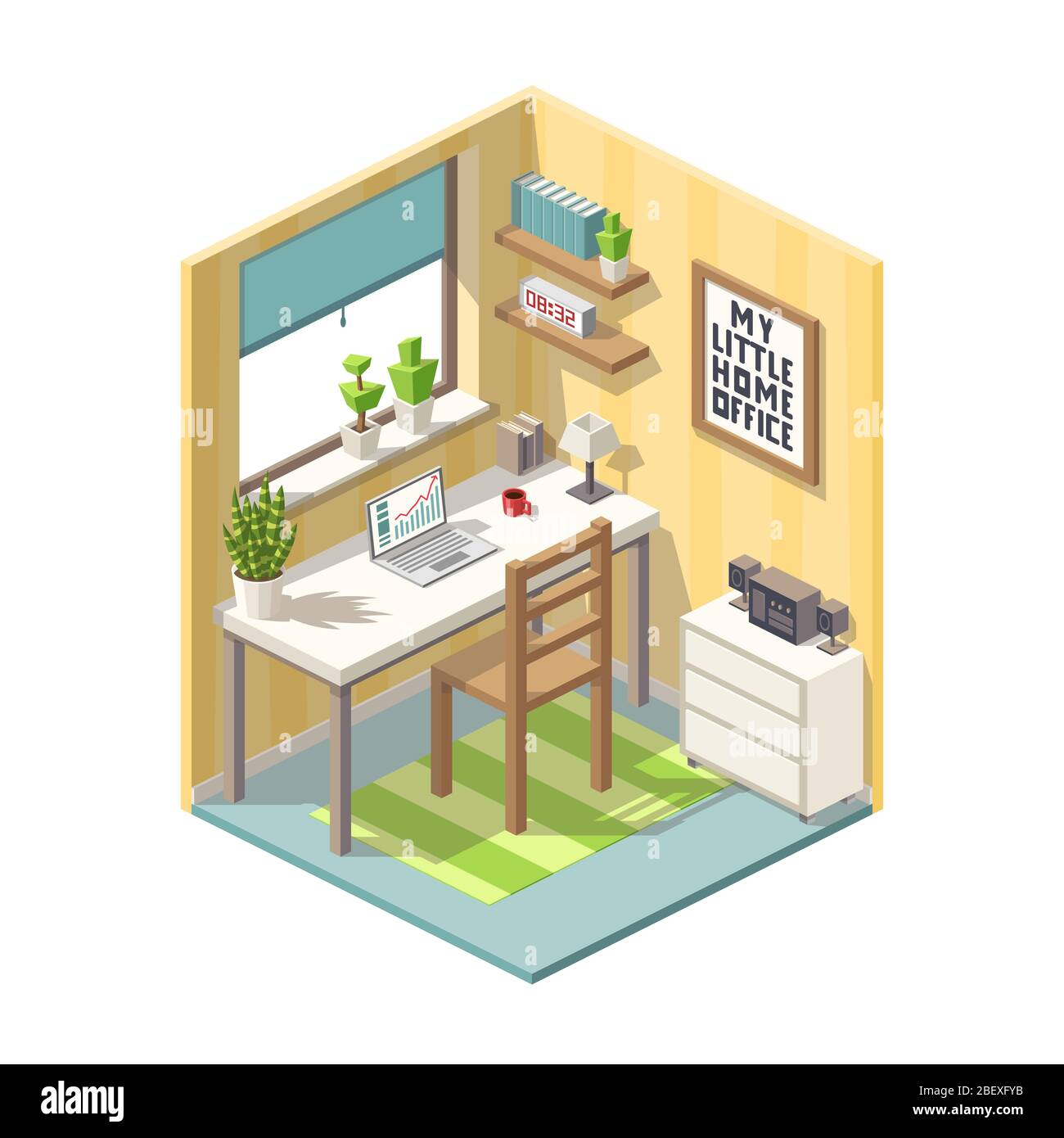 Isometric home office with furniture. Vector illustration with separate layers. Stock Vector