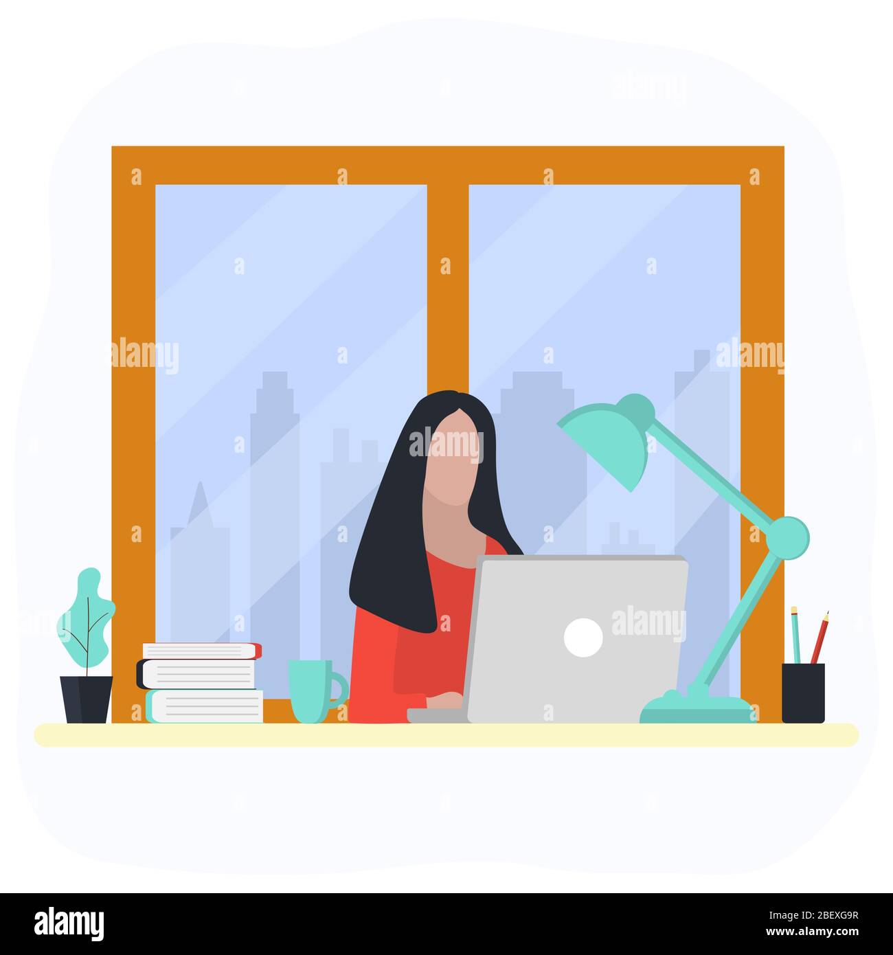 Woman works at a laptop. Fashion trend vector illustration, flat design Stock Vector