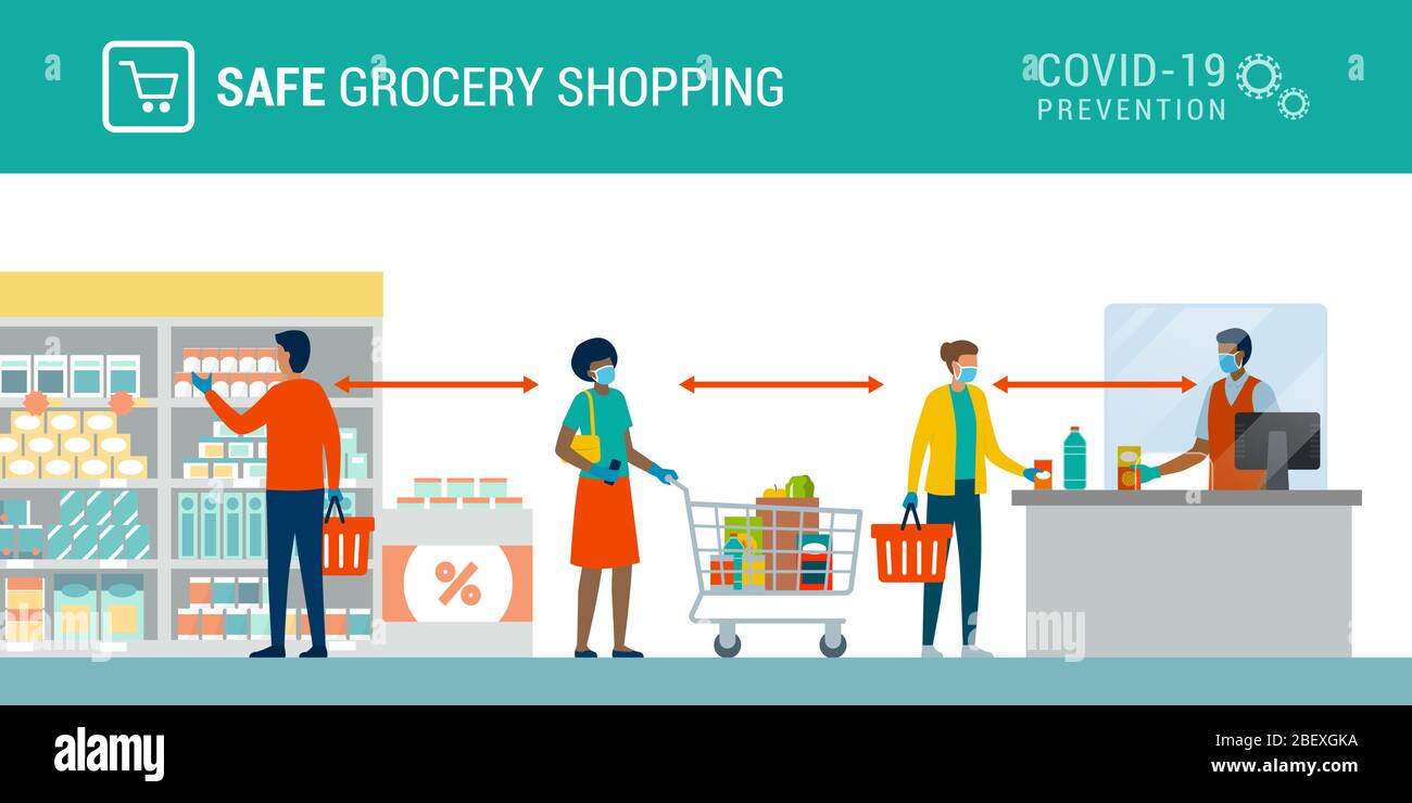 Safe grocery shopping during coronavirus epidemic: people keeping safe distance, wearing face masks and gloves at the supermarket Stock Vector