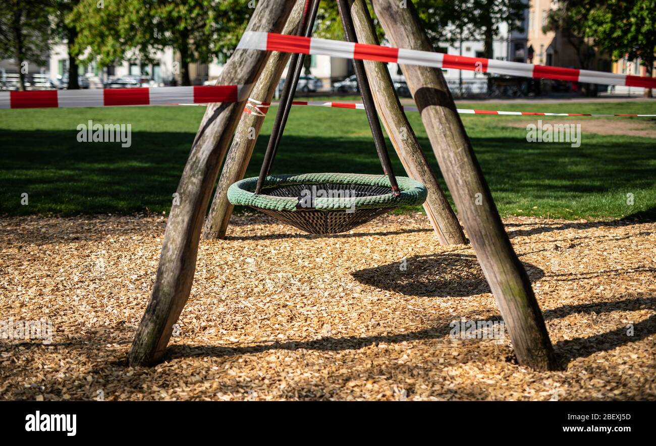 16 April 2020 Baden Wuerttemberg Esslingen A Playground In A Park Is Closed Due To The Coronavirus Pandemic Public Life Is Still Severely Restricted By The Coronavirus Photo Christoph Schmidt Dpa Stock Photo