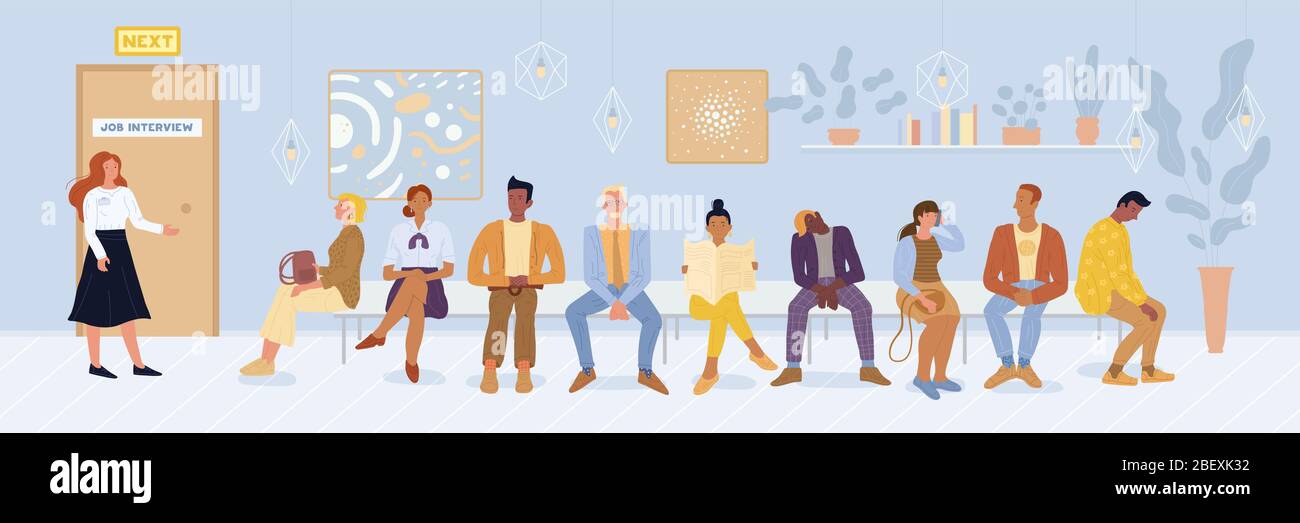Multiracial men, women, graduated sitting on bench in queue, waiting for job interview. Stock Vector