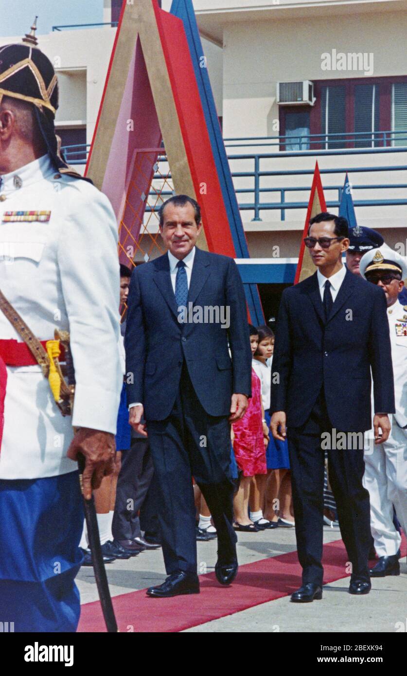 President Richard Nixon and King Bhumibol Adulyadej during the Departure Ceremony for the U.S. Delegation in Bangkok, Thailand 7 31 1969 Stock Photo