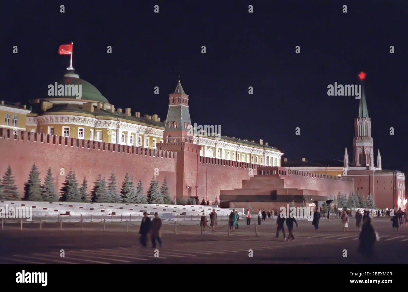 A nighttime view in Red Square showing the Lenin Mausoleum. Behind the ...