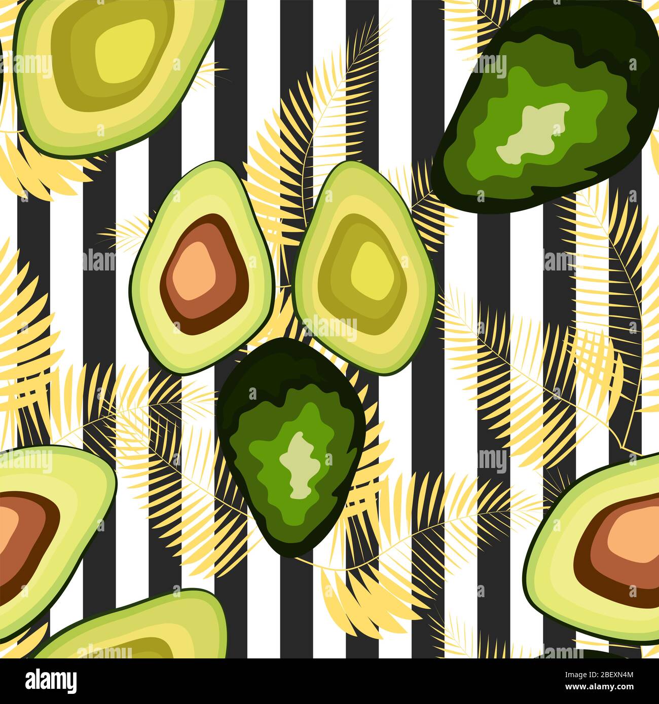 Seamless pattern with tiger stripes and tropical leaves. Pattern with avocado Stock Vector