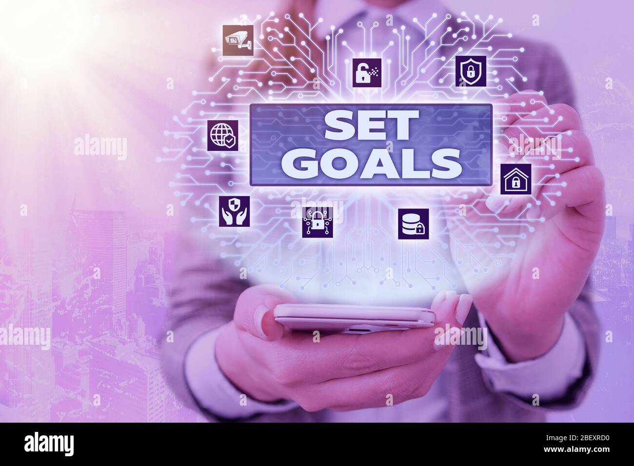 Conceptual hand writing showing Set Goals. Concept meaning Defining or achieving something in the future based on plan Stock Photo