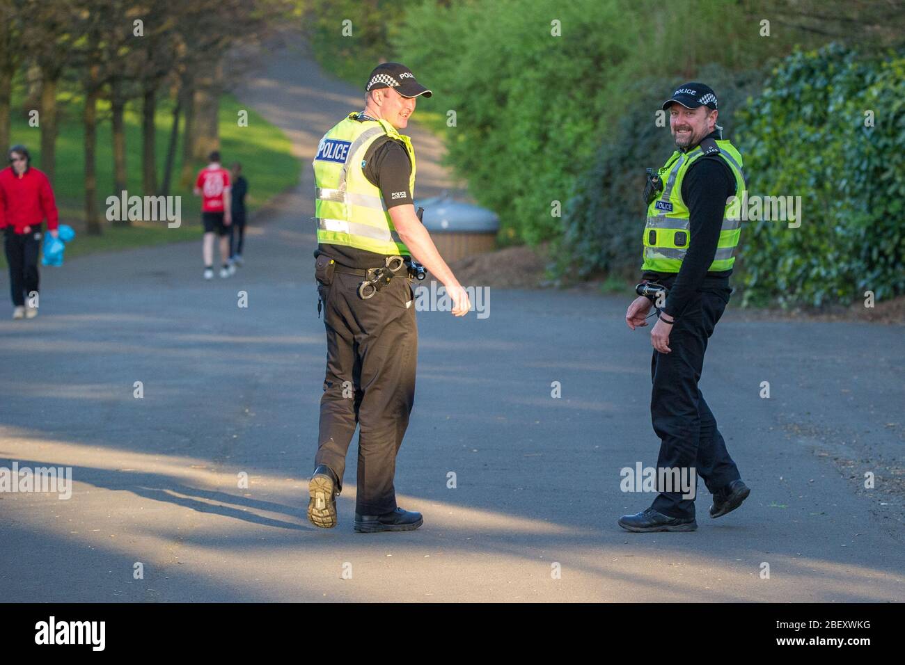 Glasgow UK. 15 April 2019.  Pictured: Police patrol Kelvingrove area of Glasgow during the Coronavirus Lockdown. Credit: Colin Fisher/Alamy Live News. Stock Photo