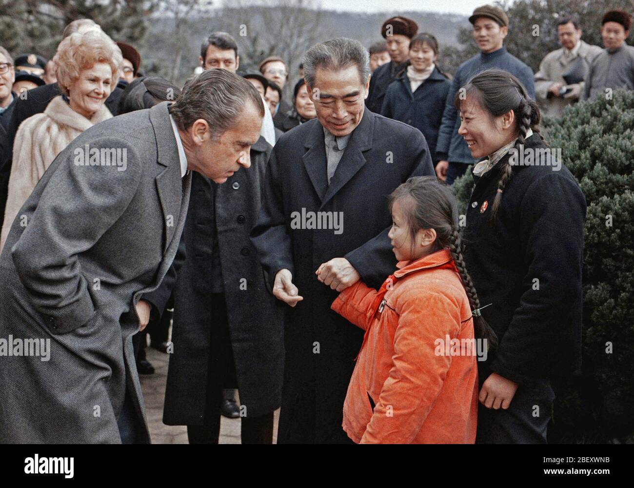 President Richard Nixon speaks to a young girl during his visit to China Stock Photo