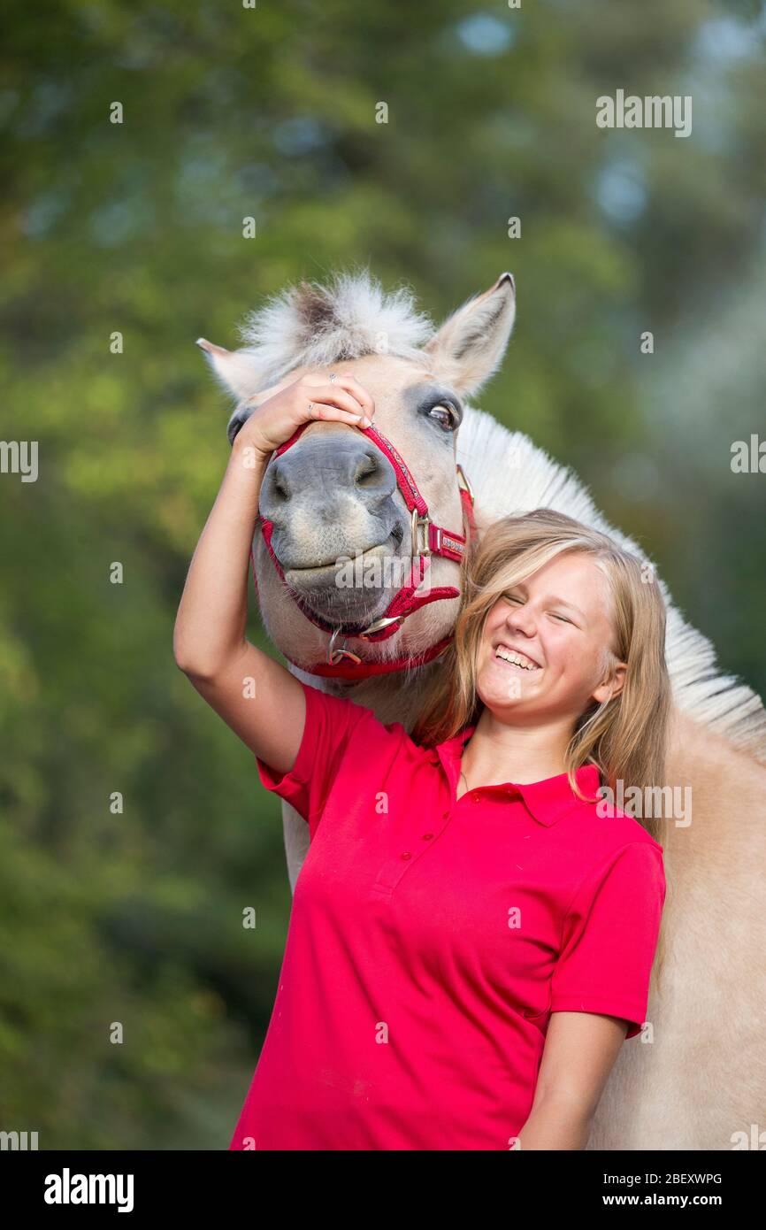 Norwegian Fjord Horse. Young woman smooching with mare (13 years old). Germany Stock Photo