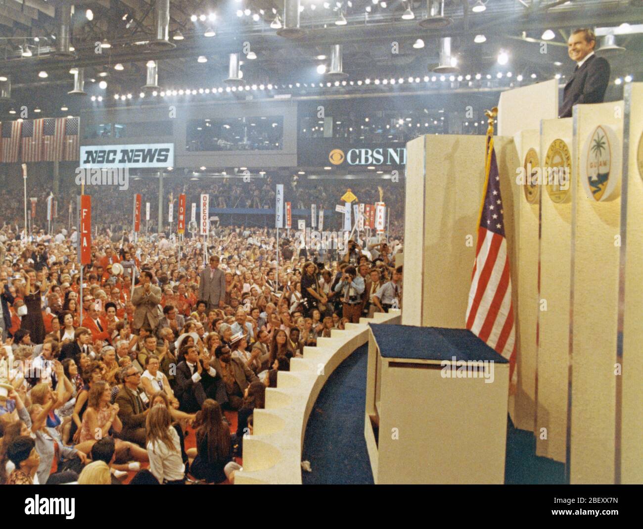 President Richard Nixon Stands at a Podium Overlooking Delegates at the National Republican Convention in Miami Beach, Florida 8 23 1972 Stock Photo