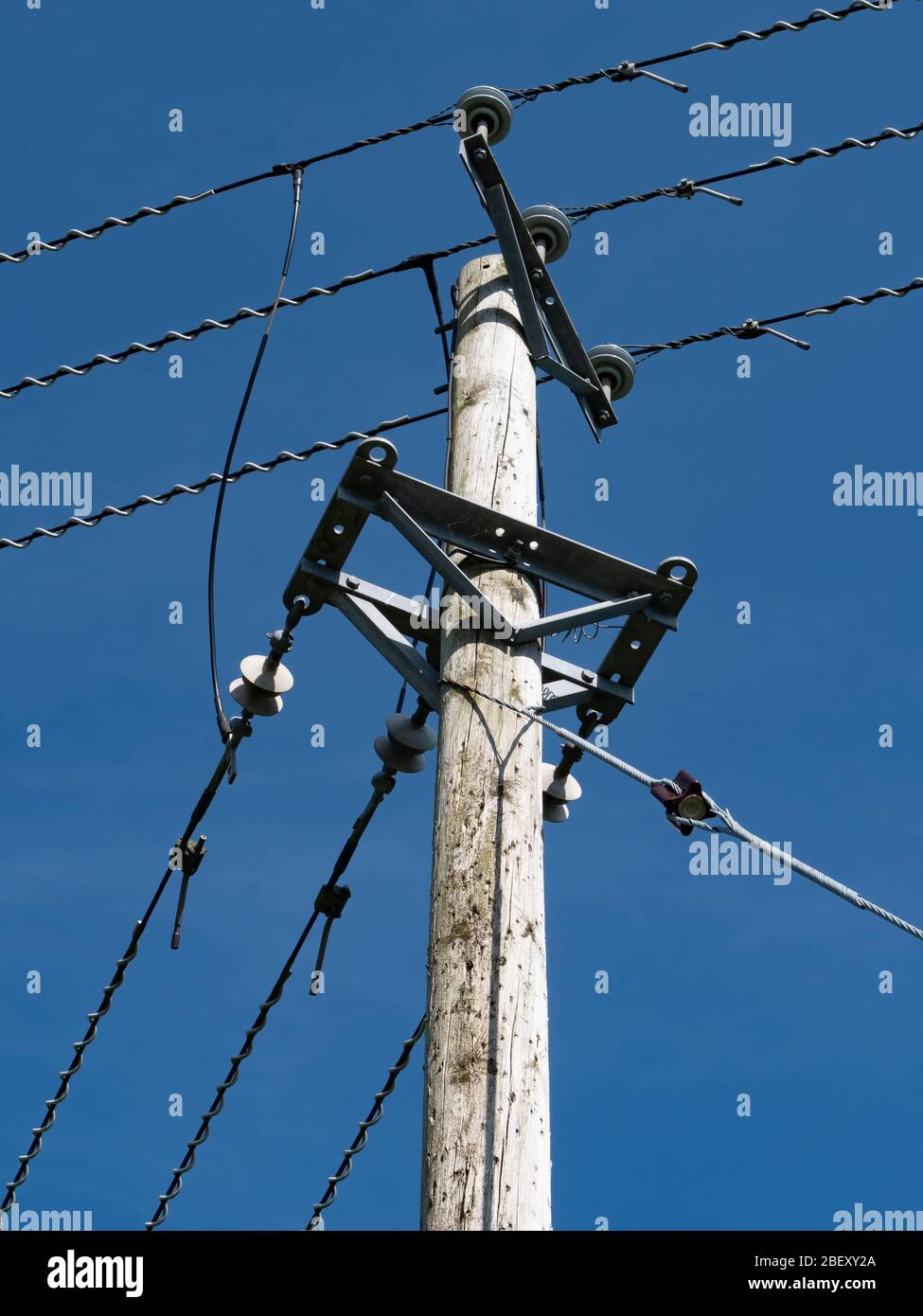 Electricity cable carrying pole in field near Westbury, Wiltshire, UK