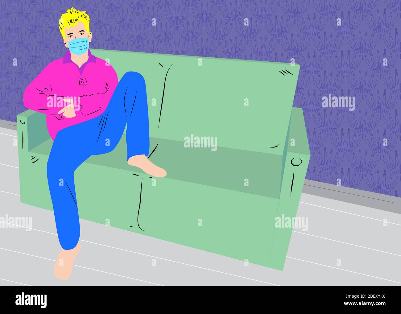 Cartoon man sitting on sofa wearing protective mask against virus. Vector illustration stay at home concept. Stock Vector