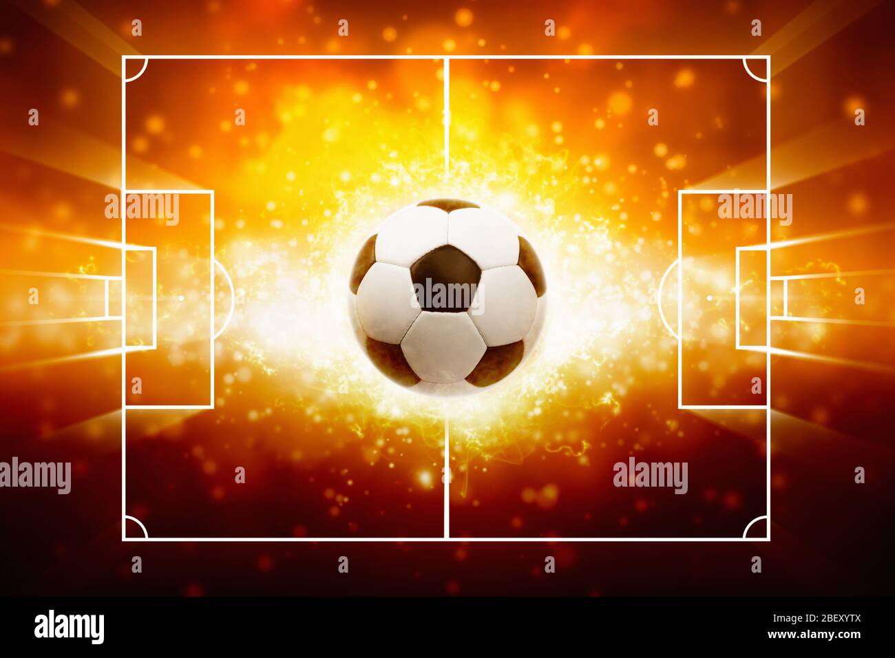 Abstract sports background burning soccer ball against flash of light looks like explosion