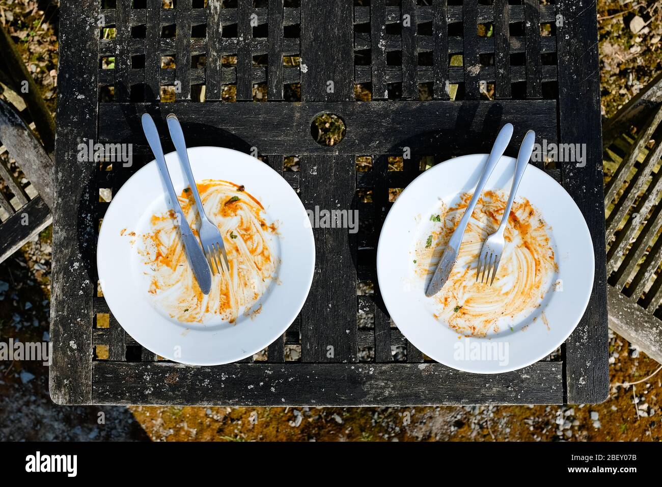 Two empty dirty plates with cutlery Stock Photo
