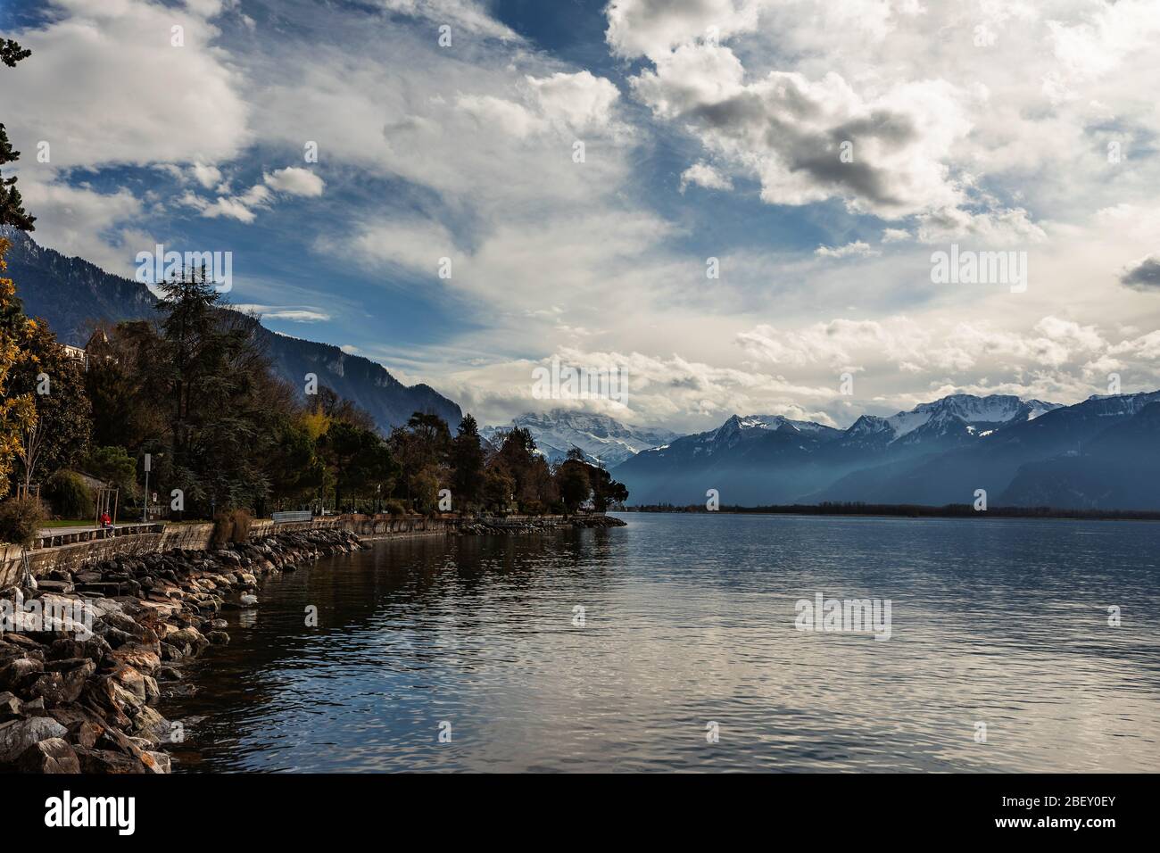 Mountreux cityscape by the lake Leman during day - Switzerland Stock Photo